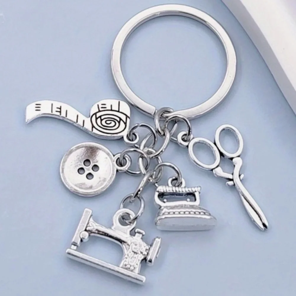 SEWING TOOLS Silvertone Keychain Bag Charm